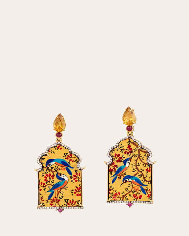 Papier Mache Bluebird Earrings with Diamonds, Ruby and Citrine
